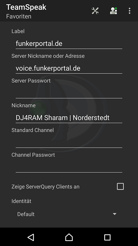 Screenshot: Android Verbindungsparameter