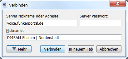 Screenshot: Verbindungsparameter